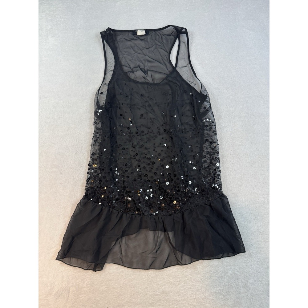 Sleeveless womens Black tulle sequin top Balletcore blouse ruffle L chic Sheer